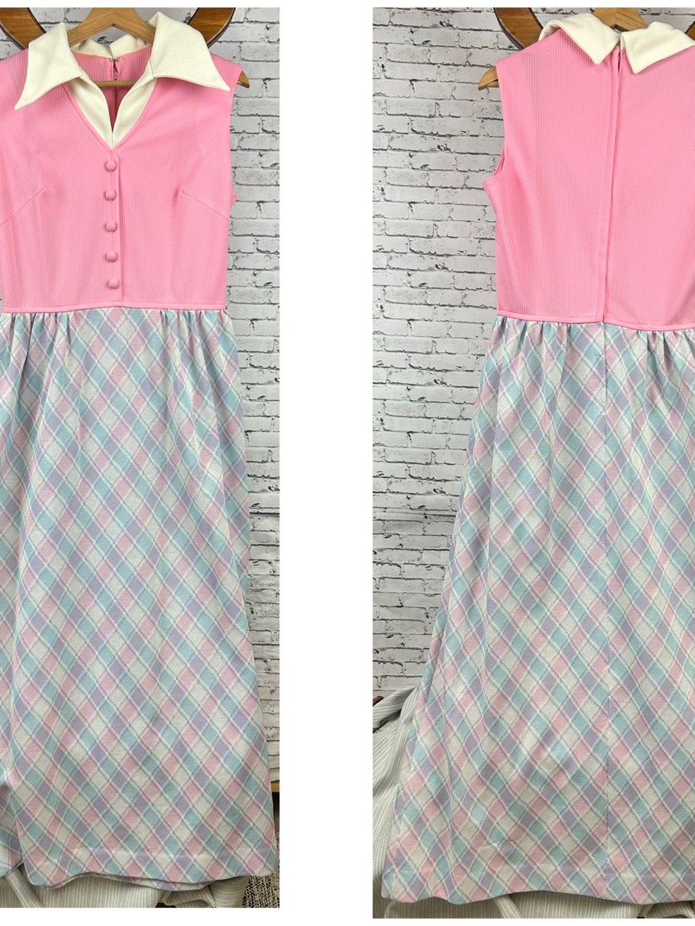 Pink Plaid Vintage Sleeveless Dress with Contrast Collar size 18